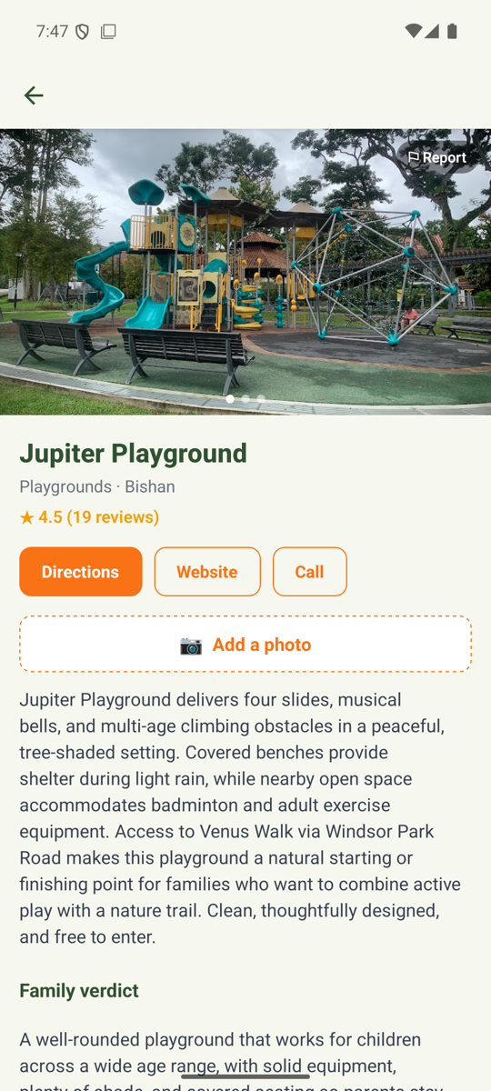 Family Action app — venue detail with directions, website and call