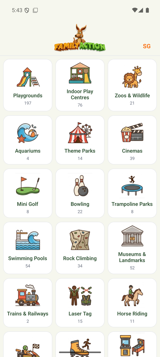 Family Action app, the category grid of things to do